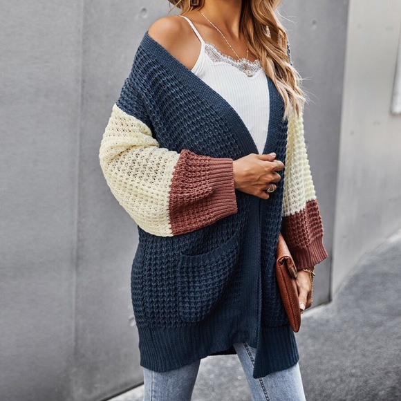 Color block chunky knit pocket open front cardigan - Picture 4 of 6